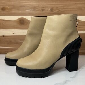 Sorel Dacie Bootie Tan/Black Waterproof Leather High Heeled Boots Women's Size 9